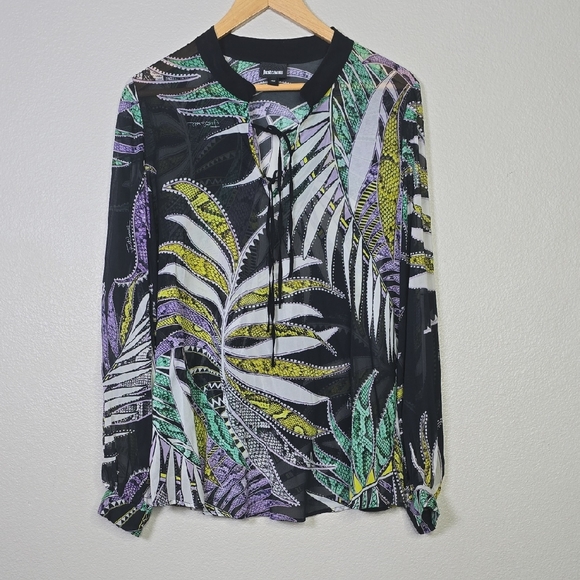Just Cavalli Tops - Just Cavalli Black Blouse with Green and Purple Tropical Print Front Tie Size 40